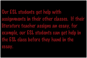 
Our ESL students get help with  assignments in their other classes.  If their literature teacher assigns an essay, for example, our ESL students can get help in the ESL class before they hand in the essay.